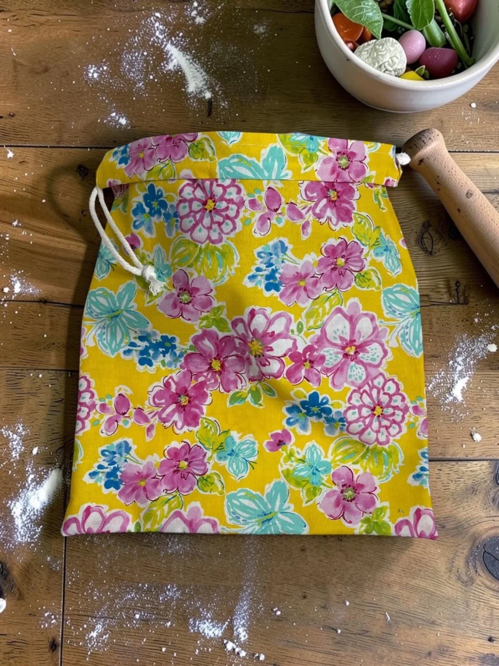 Floral Yellow Flower Bread Bag, Organic Reusable Cotton Sourdough Bread Bag